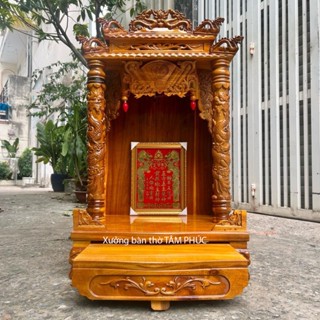   MÁI CHÙA_TRÀM CAO CẤP  Siêu phẩm bàn thờ thần tài ông địa mái chùa 4D kích thước 48cm 60cm gỗ tràm bông vàng tự nhiên 