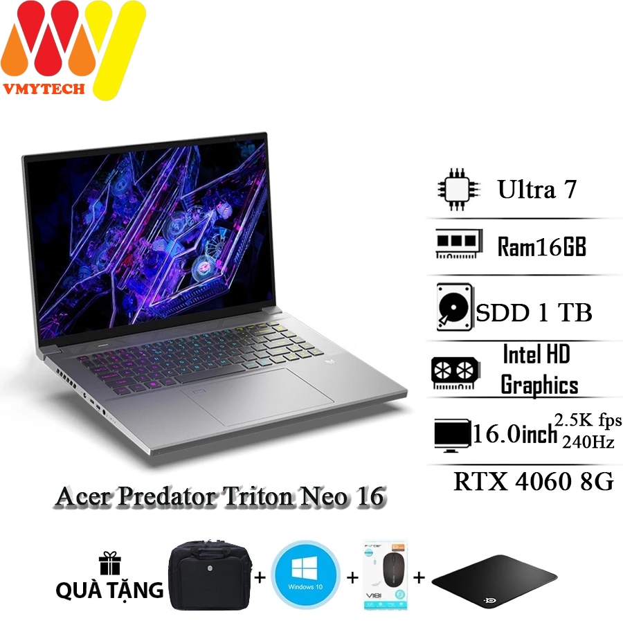 Laptop Acer Predator Triton Neo 16, Ultra7-155H, 16GB, SSD 1TB, RTX 4060 8GB, 16inch 2.5k FPS 240Hz