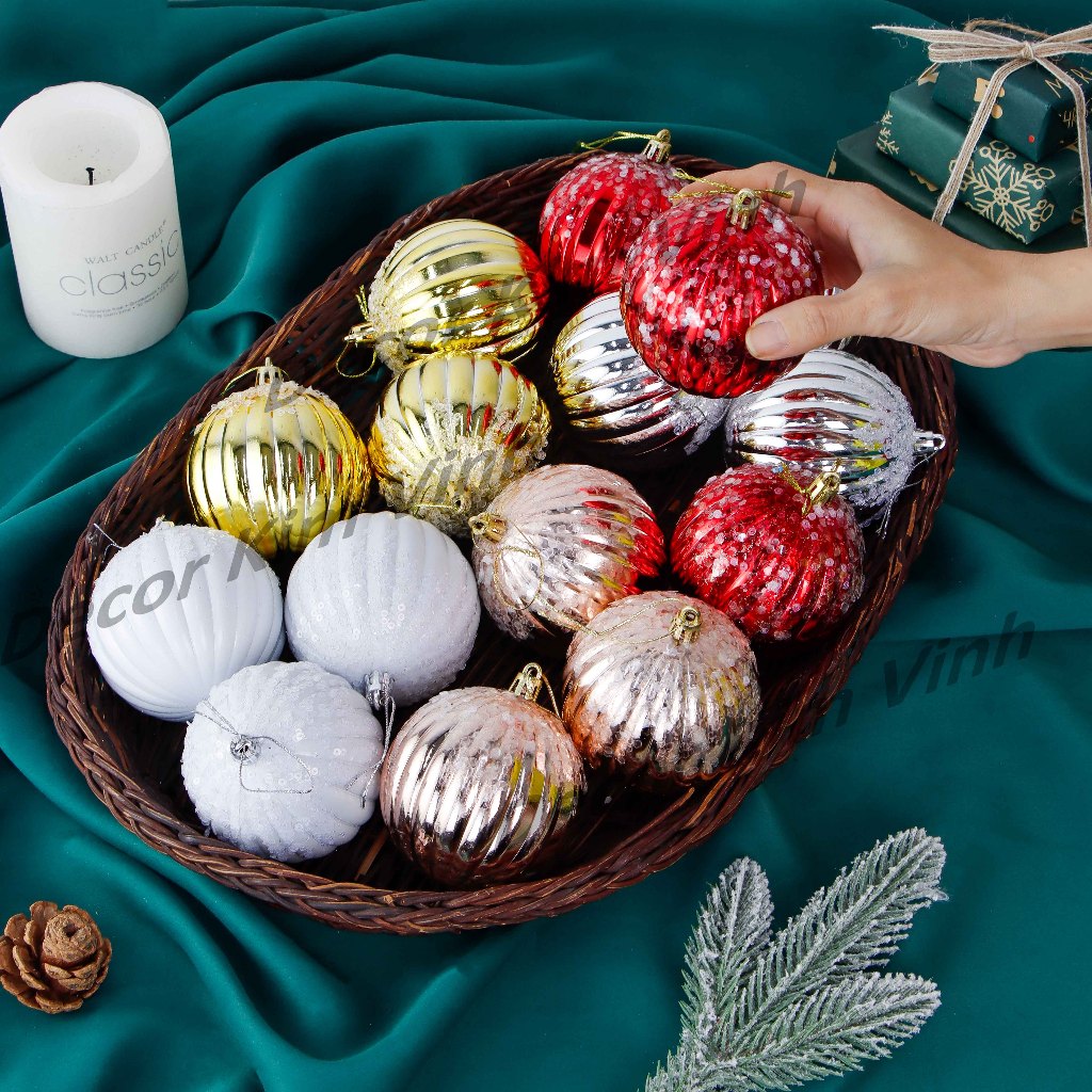 Set 3 Quả Châu Sọc 8cm E99 Treo Cây Thông Noel Phụ Kiện Trang Trí Giáng Sinh