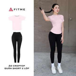 Bộ đồ tập gym yoga Fitme áo thun vạt bầu Hồng Pastel, quần dài legging Đen tôn dáng