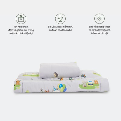 Bộ tấm trải trẻ em/Bộ ngủ trẻ em Everon( Đệm 75x140 + Chăn 100x120 + Gối nằm) Họa tiết in, chất liệu Modal, chống trượt