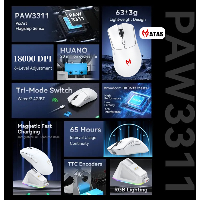 Chuột gaming không dây ATAS X11 - 3 mode - Mắt đọc PAW3311 -  Hỗ trợ App macro - Dock sạc - Màn hình TFT - DPI 24000 | BigBuy360 - bigbuy360.vn