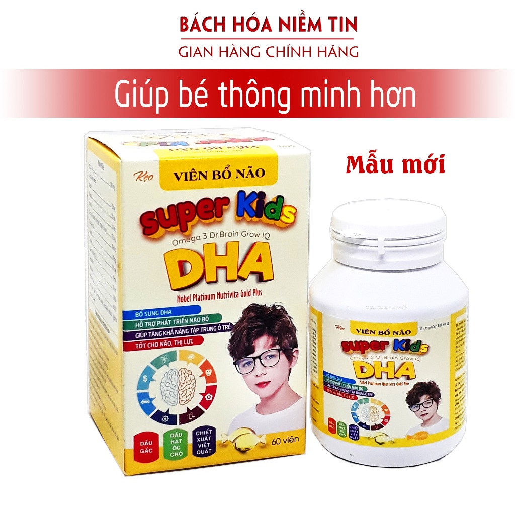 Kẹo viên bổ não, phát triển não bộ, tăng cường trí nhớ, thị lực, OMEGA 3 BRAIN Grow IQ DHA Nobel - Hộp 60 viên