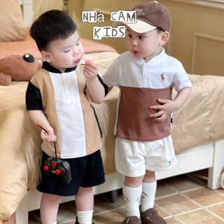 Áo Cộc Tay Cho Bé, Áo PoLo Cổ Trụ 2 Màu Phối Nâu Cho Bé - Nhà Cam ÁO POLO CỔ TRỤ