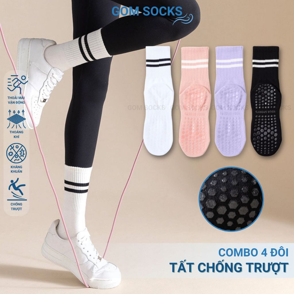 Combo 4 đôi tất cổ cao tập yoga, pilates GOM SOCKS, vớ chống trơn thể thao, thiết kế đế cao su an toàn - YOGA-2507-CB4