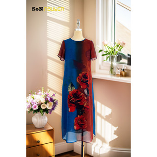SONNGUYEN Đầm dự tiệc trung niên phom suông dài giấu bụng 33706