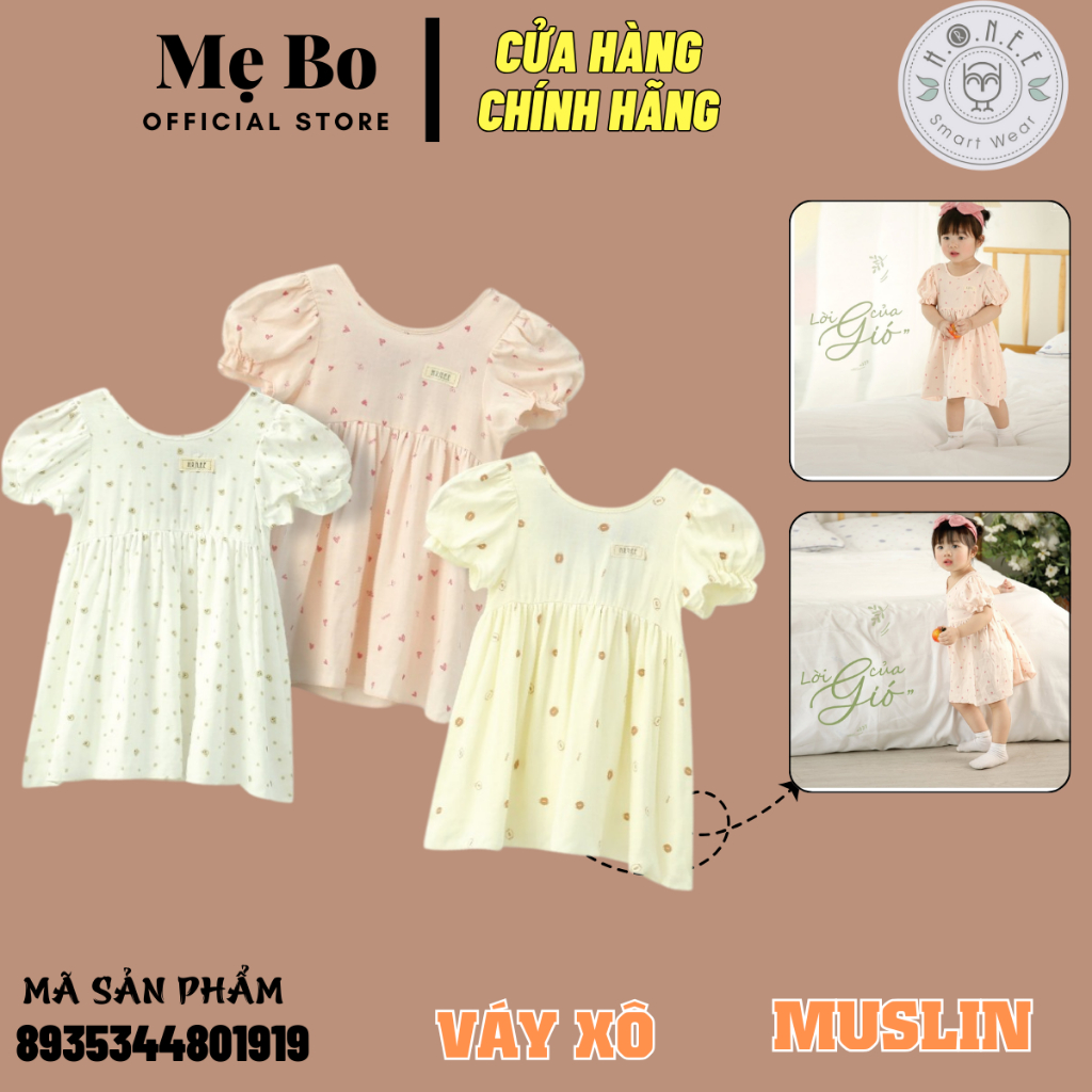 HRNEE - Váy Xô Muslin Tay Bồng cho bé gái (Không Kèm Nơ)  Hrnee chính hãng 9M - 4Y vải cotton