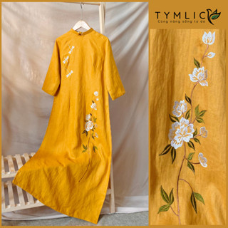  Áo Dài Truyền Thống Linen Tưng Premium Thêu Hoa Chuồn Chuồn Nhiều Màu TYMLIC Không kèm quần  