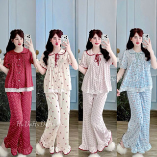 Bộ Pijama Lụa Latin Tay Ngắn Quần Dài Cổ Sen Tròn Mềm Mịn Có Dây Buộc Nơ Dáng Tiểu Thư Sang Chảnh Cho Nữ Mặc Nhà