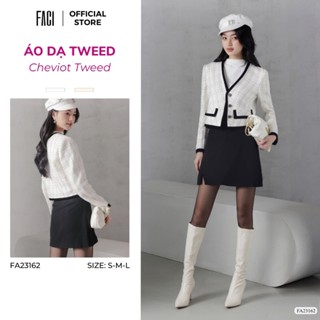 Áo Khoác Nữ Dạ Tweed FACI Cheviot Thiết Kế Cổ Tim, Dài Tay Hai Lớp Phong Cách Công Sở Thu Đông FA23162