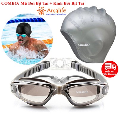 Combo Mũ Bơi Silicone Bịt Tai + Kính Bơi Bịt Tai Chống UV Cùng Màu, Mũ Bơi Bịt Tai silicon Kính Bơi Bịt Tai Hãng Amalife