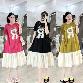  Đầm bầu xinh in chữ R dáng rộng mặc hè chất cotton mát- Váy bầu dáng suông phối chân voan cộc tay thời trang 
