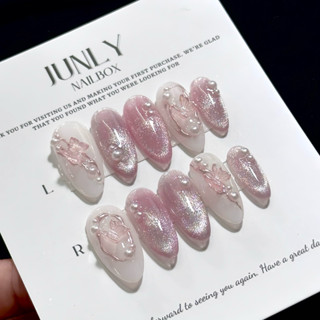 Nailbox mắt mèo thạch JUNLY - nail box thiết kế móng giả thạch trắng hồng đính bi đi chơi đi tiệc 500