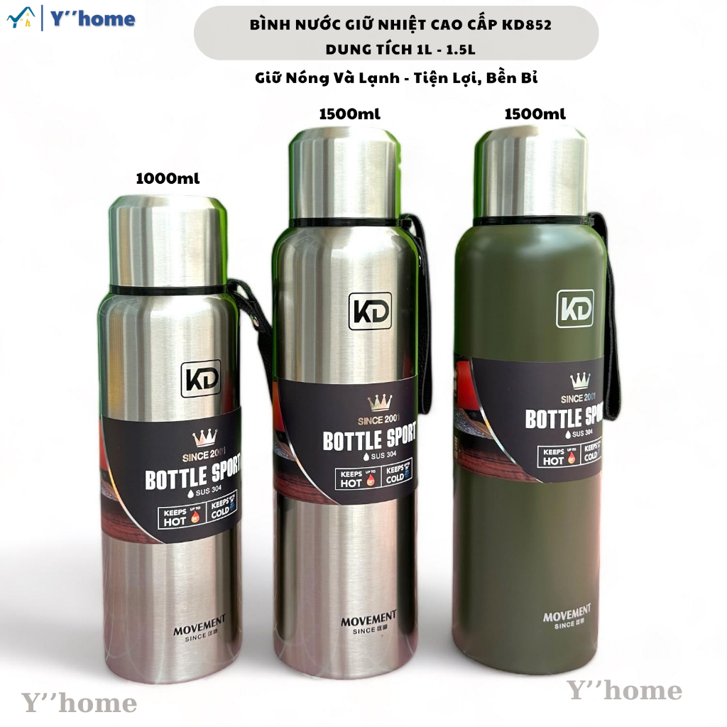 Bình nước giữ nhiệt cao cấp dung tích 1L - 1.5L KD852, Bình nước giữ nóng và lạnh bằng inox 304 dày 