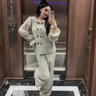 Set ( Áo + Quần ) Áo Cổ Sen Phối Ren Tay Dài Ống Loe  Mix Quần Ống Xuông Dành Cho Nữ By Trang Mun H40