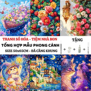 (50X65cm-CÓ BACKBOARD) Tổng hợp tranh tô màu theo số PHONG CẢNH sẵn khung, cọ vẽ, màu vẽ, tặng màu bóng