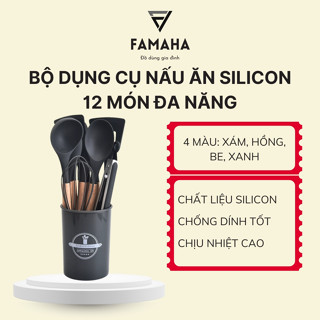 Bộ dụng cụ muôi nấu ăn nhà bếp bằng Silicon chịu nhiệt cao cấp 12 món gồm cốc, bộ phới muôi vá decor nấu ăn làm bếp