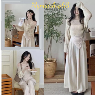 Set đồ nữ - Áo 2 dây lệch vai mix với quần ống rộng chất ren lưới thoáng mát phong cách thang lịch sang trọng A93