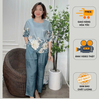 Đồ bộ mặc nhà trung niên lụa Gấm cao cấp, quần ống suông, dài 9 tấc, đồ mặc nhà trung niên size lớn từ 50 - 75 kg C69