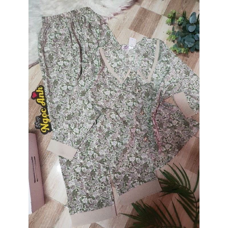 Bộ pijama dài cổ nhọn 2 lá vải lụa mango