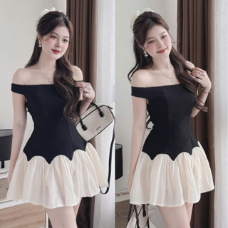 Váy trễ vai tăm lạnh phối voan xòe, đầm dự tiệc bẹt vai tiểu thư sang chảnh kèm quần bảo hộ rời MS11