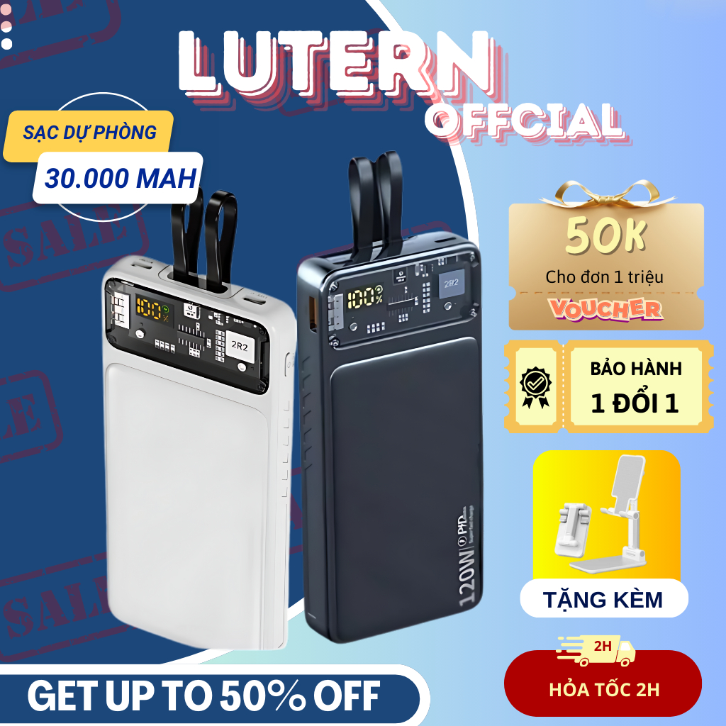 Sạc Dự Phòng 30000mah, Tích Hợp 2 Dây Sạc, Sạc Siêu Nhanh, Pin Lithium, Bảo Hành 12 Tháng - Lutern_official | Sạc Led