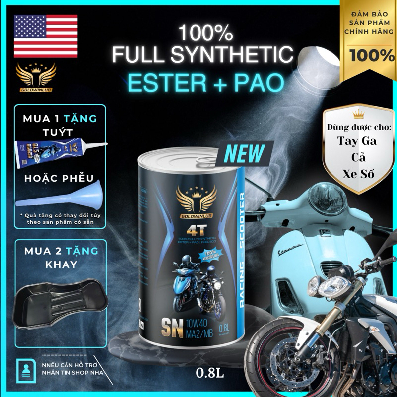 Nhớt cả xe tay ga & xe số MB/MA2 0.8 Lít , GOLDWINLUB, 10W40, 4 thì, 100% dầu tổng hợp, êm, bốc máy, tiết kiệm.
