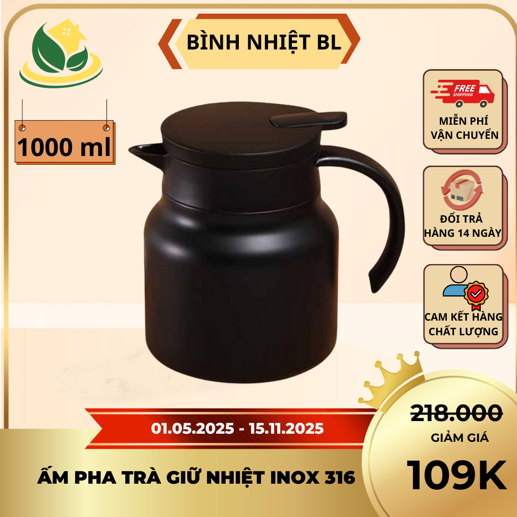 Ấm Pha Trà Giữ Nhiệt Inox 316 - Dung Tích 1000ML - bình pha trà giữ nhiệt, 2 Lớp Cách Nhiệt, Có Lõi Lọc Trà