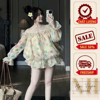 Váy babydoll trễ vai tay bồng hoa nhí bo chun hông dễ thương, áo trễ vai kèm quần chất tơ xốp 2 lớp hàn quốc đi biển