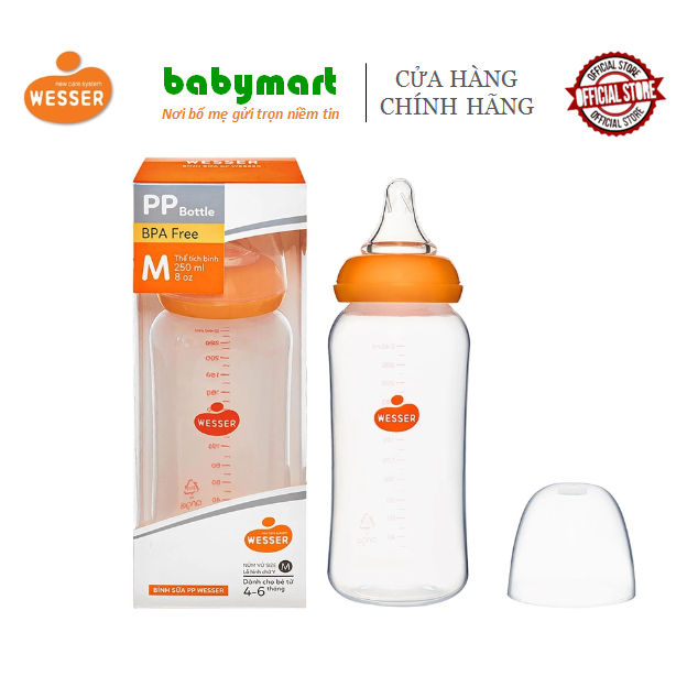 Bình sữa nhựa PP chính hãng Wesser 250ml cổ hẹp (Mẫu mới).