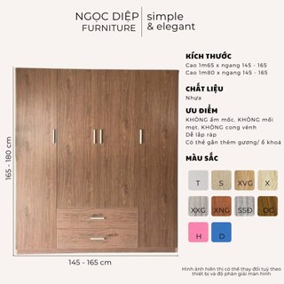 TỦ NHỰA NGỌC DIỆP CHO NGƯỜI LỚN 4 CÁNH 2 NGĂN KÉO LỚN GIỮA Cao 1m65
