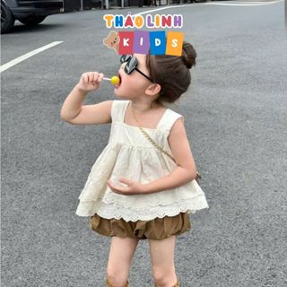 Set Đồ Bé Gái Áo Hai Dây Kèm Quần Ngắn Chất Cotton Mát Siêu Dễ Thương