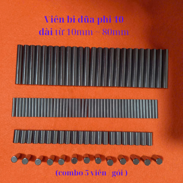 Bi đũa bi kim bi trụ đường kính 10mm. (5 viên/gói) dài tuỳ chọn từ 10mm đến 80mm. Được làm bằng thép