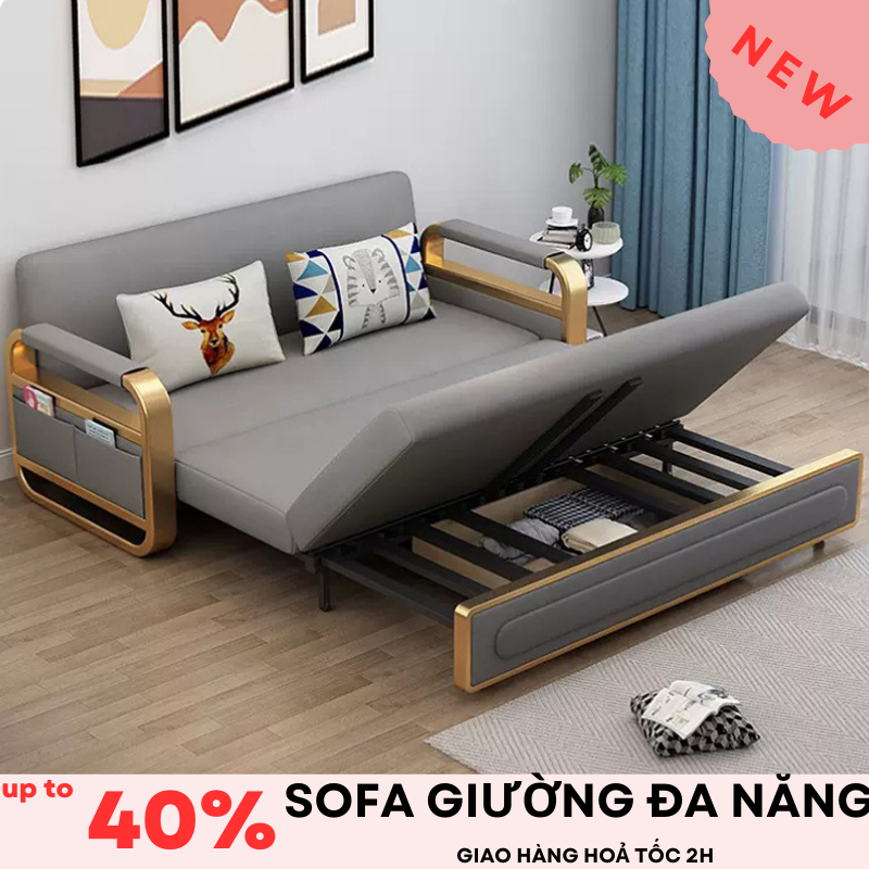 Sofa giường gấp gọn đa năng có hộc chứa đồ, Sofa giường thông minh gấp gọn nệm xơ dừa bọc vải nano n