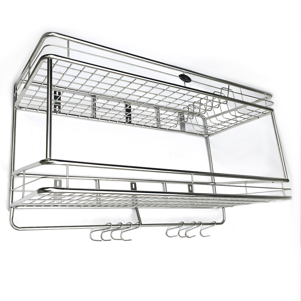 Kệ Úp Chén Bát Inox Đa Năng Treo Tường 2 Tầng Ngang 70cm - Có khay đĩa, móc treo tiện dụng