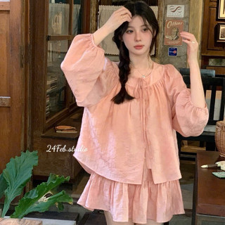 Set áo tơ nữ cổ nơ dài tay kèm chân váy phong cách tiểu thư 24FebStudio SET65