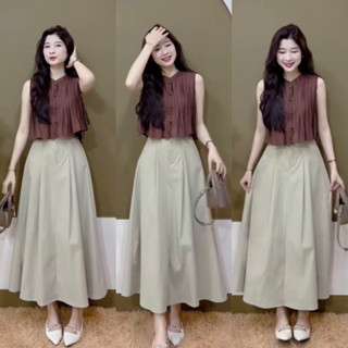 BI67- sét váy mango xếp ly, áo kiểu babydoll sát nách xếp ly đính nút, mix chân váy dáng xòe