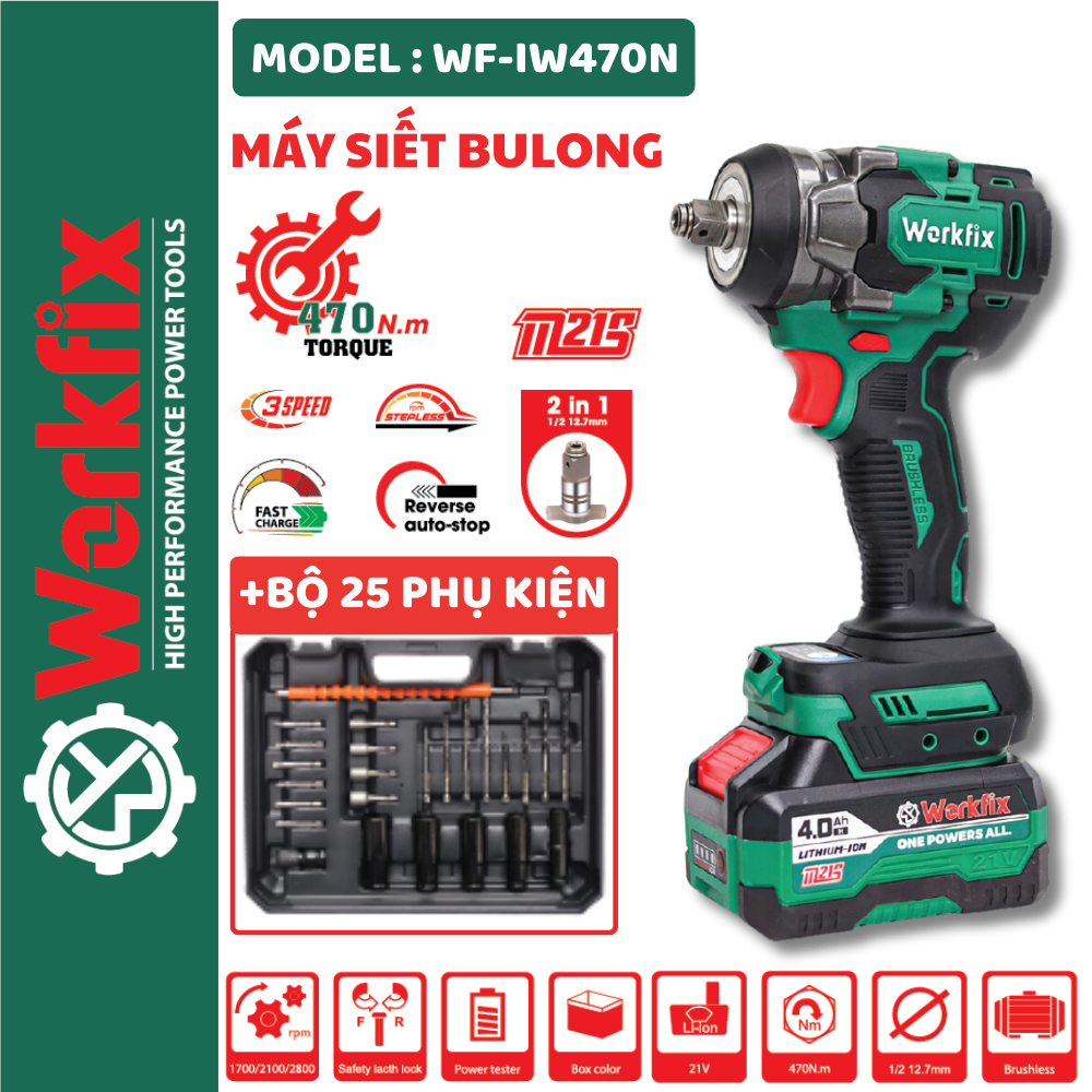 [Xanh] Máy siết bulong Workfix WF-IW470N / đầu 2 trong 1 / Lực siết 470Nm / kèm phụ kiện 25 chi tiết