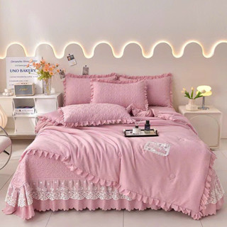 Bộ ga gối đũi cotton bèo phủ cao cấp, bộ 4 món đũi chăn hè trần bông chun cài 4 góc mềm mịn