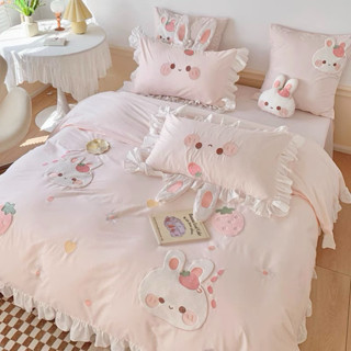 (có ảnh thật) Bộ Chăn Ga Gối Cotton Linen Thêu 3D Thỏ Hồng, Dâu Tây Đáng Yêu