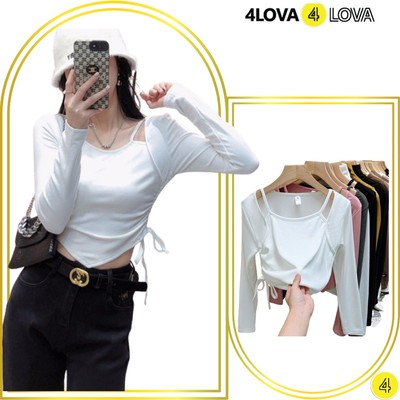 Áo thun kiểu dài tay body nữ 4LOVA thiết kế cổ yếm xẻ tà phối dây rút quyến rũ EVA044