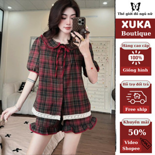 Đồ ngủ nữ, bộ pijama cộc tay mặc nhà họa tiết kẻ cổ sen mix ren siêu xinh XUKA BOUTIQUE hcom25169