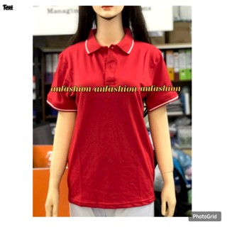 Áo thun có cổ cho nam nữ màu đỏ viền trắng vải poly thái dày dặn _ Hình chụp thật