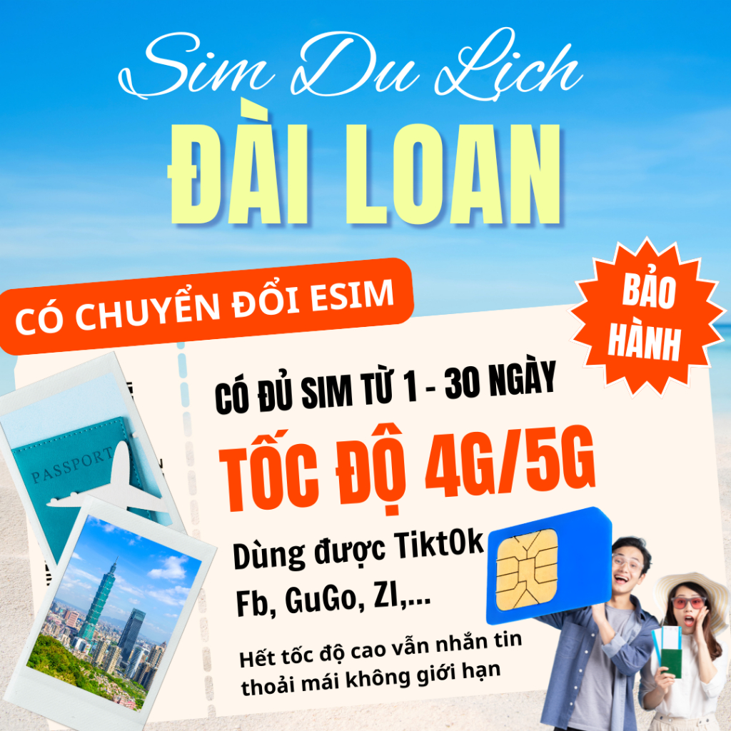 [CÓ CHUYỂN ĐỔI ESIM] Sim du lịch Đài loan Taiwan, Mạng Chungwa, Data 4G/5G Tốc độ cao, 3G không giới