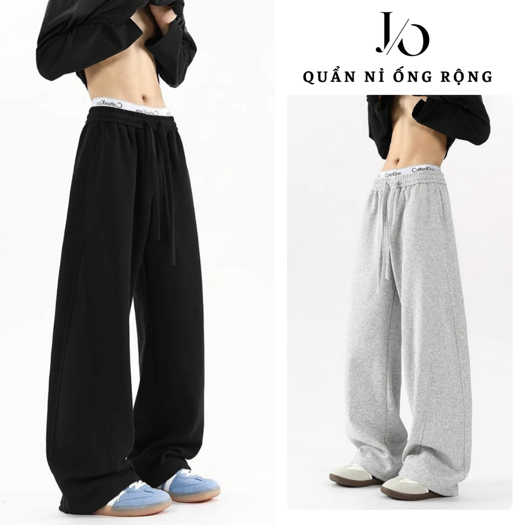 Quần Nỉ Nam Xám Đen CẠP CHUN Dây Rút Ống Rộng Chất Nỉ Da Cá 2 Lớp Unisex Form Đứng Dáng Dài BIGSIZE