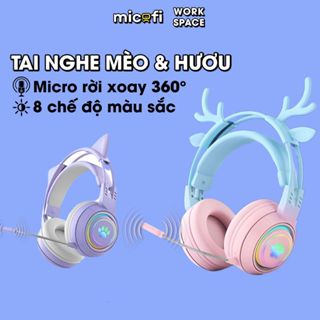 Tai Nghe Chụp Mèo Hươu Micofi, Tai Nghe Gaming Bluetooth Chống Ồn PC Có Mic, Headphone Đeo Cổ Không Dây Chùm Cute Pastel