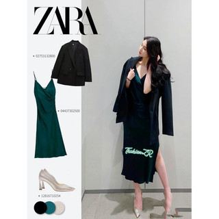THUHIENZR(sẵn XS)Váy midi ZARA 4437/302/500 lụa hai vạt ngực dáng dài màu xanh đen(kèm ảnh thật)