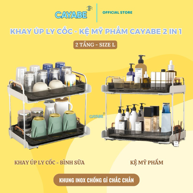 Kệ úp ly cốc, bình sữa - Kệ mỹ phẩm 2 tầng inox CAYABE trong suốt có khay hứng nước, khay úp ly cốc