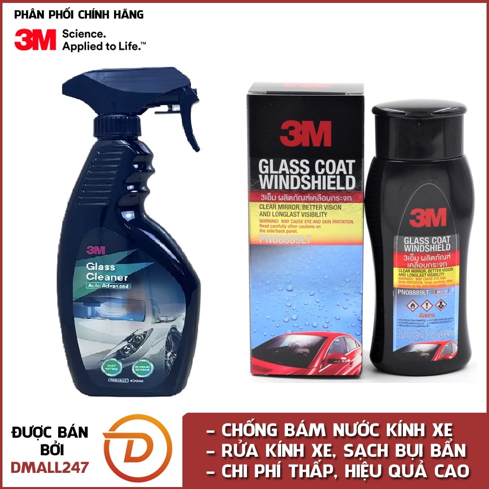 Bộ 2 Dung dịch chống bám nước trên kính xe 3M 08889LT và dung dịch rửa kính ô tô 3M PN38191LT