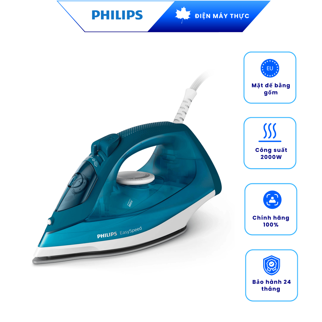 Bàn ủi hơi nước Philips GC1756/20 2000W mặt đế bằng gốm - Hàng Chính Hãng